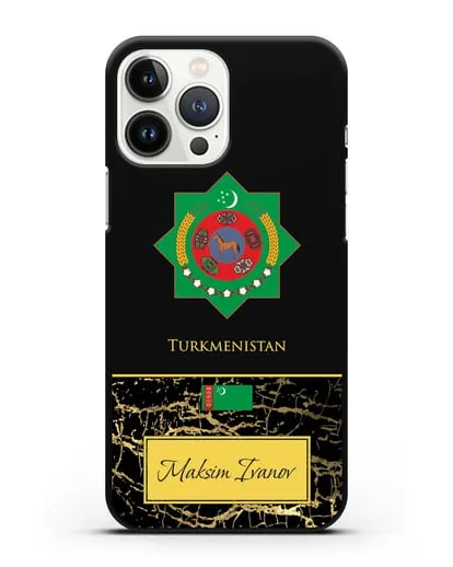 Чехол с гербом и флагом Республики Туркменистан с именем, фамилией на английском языке, черный мрамор силиконовый для iPhone 13 Pro Max