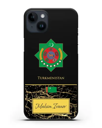 Чехол с гербом и флагом Республики Туркменистан с именем, фамилией на английском языке, черный мрамор силиконовый для iPhone 14 Plus