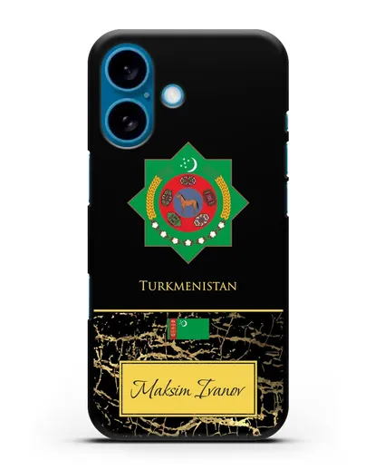 Чехол с гербом и флагом Республики Туркменистан с именем, фамилией на английском языке, черный мрамор силиконовый для iPhone 16