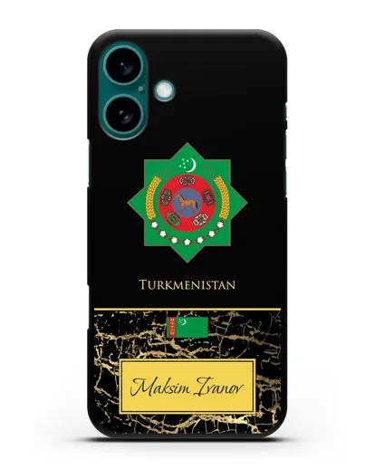 Чехол с гербом и флагом Республики Туркменистан с именем, фамилией на английском языке, черный мрамор силиконовый для iPhone 16 Plus