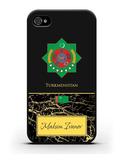Чехол с гербом и флагом Республики Туркменистан с именем, фамилией на английском языке, черный мрамор силиконовый для iPhone 4/4s