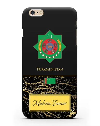 Чехол с гербом и флагом Республики Туркменистан с именем, фамилией на английском языке, черный мрамор силиконовый для iPhone 6s Plus