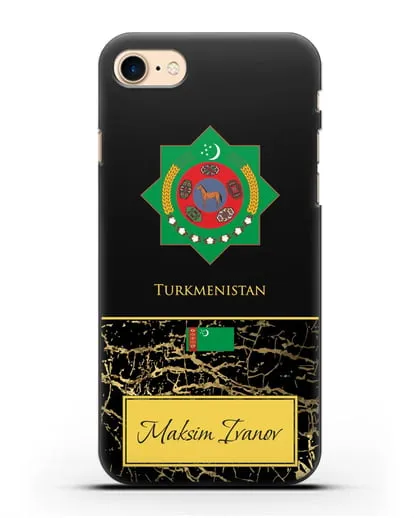 Чехол с гербом и флагом Республики Туркменистан с именем, фамилией на английском языке, черный мрамор силиконовый для iPhone 7