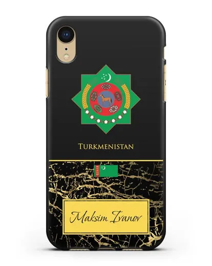 Чехол с гербом и флагом Республики Туркменистан с именем, фамилией на английском языке, черный мрамор силиконовый для iPhone XR