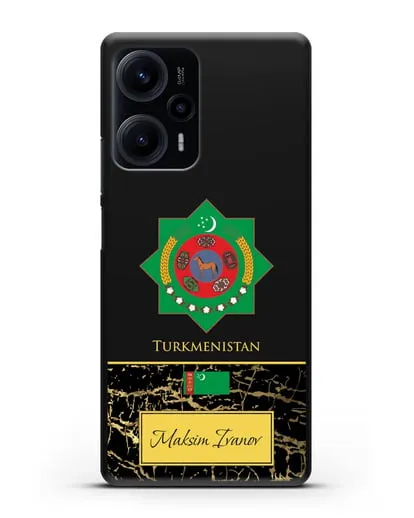 Чехол с гербом и флагом Республики Туркменистан с именем, фамилией на английском языке, черный мрамор силиконовый для Xiaomi Poco F5