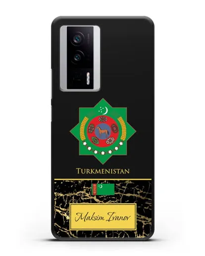 Чехол с гербом и флагом Республики Туркменистан с именем, фамилией на английском языке, черный мрамор силиконовый для Xiaomi Poco F5 Pro