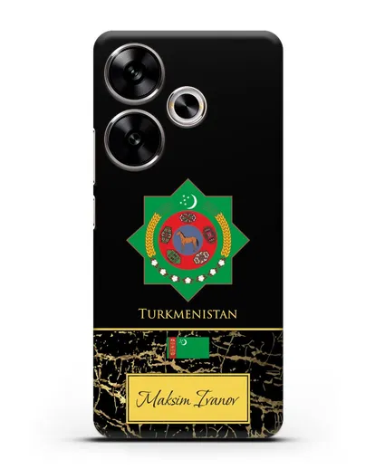 Чехол с гербом и флагом Республики Туркменистан с именем, фамилией на английском языке, черный мрамор силиконовый для Xiaomi Poco F6