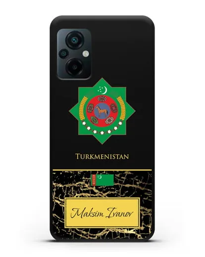 Чехол с гербом и флагом Республики Туркменистан с именем, фамилией на английском языке, черный мрамор силиконовый для Xiaomi Poco M5