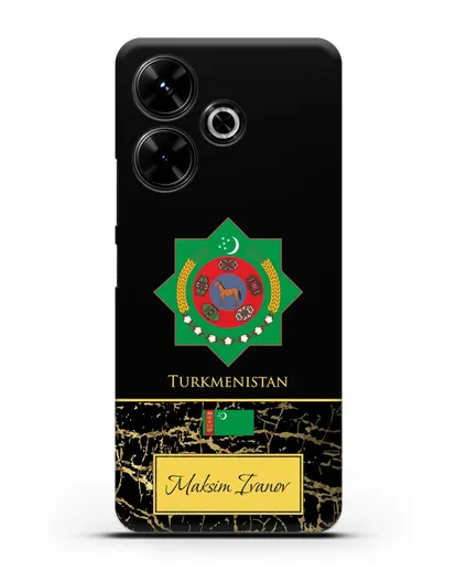 Чехол с гербом и флагом Республики Туркменистан с именем, фамилией на английском языке, черный мрамор силиконовый для Xiaomi Poco M6