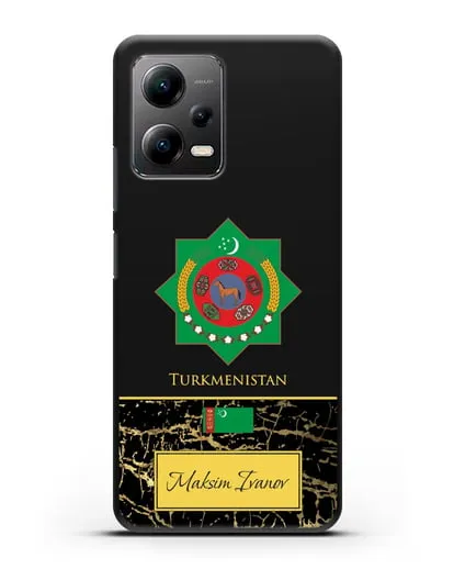 Чехол с гербом и флагом Республики Туркменистан с именем, фамилией на английском языке, черный мрамор силиконовый для Xiaomi Poco X5