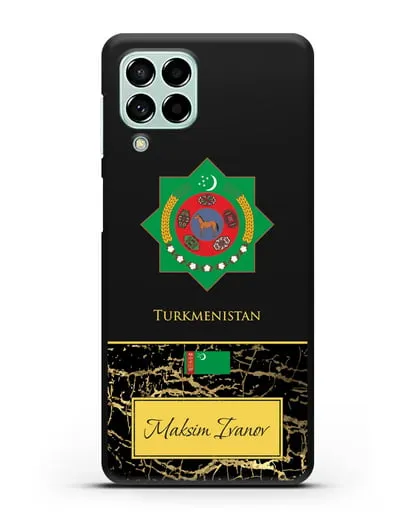 Чехол с гербом и флагом Республики Туркменистан с именем, фамилией на английском языке, черный мрамор силиконовый для Samsung Galaxy M53 [SM-M536]