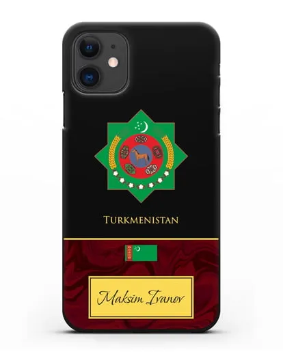 Чехол с гербом и флагом Республики Туркменистан с именем, фамилией на английском языке, красный мрамор силиконовый для iPhone 11