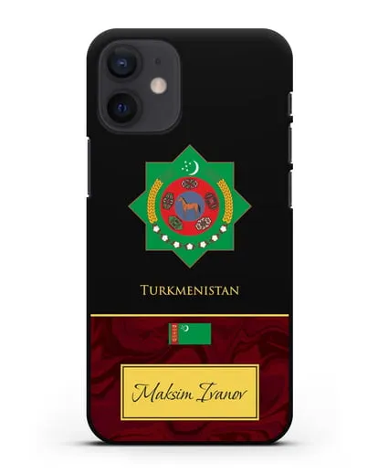 Чехол с гербом и флагом Республики Туркменистан с именем, фамилией на английском языке, красный мрамор силиконовый для iPhone 12 mini