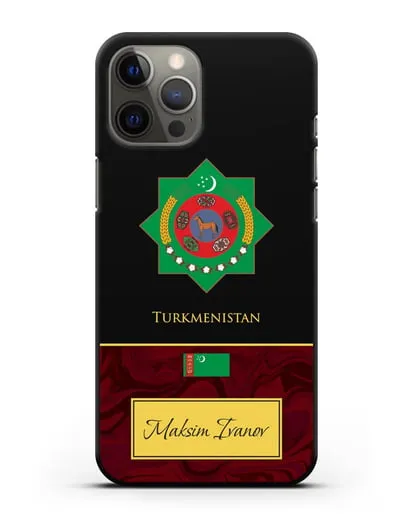 Чехол с гербом и флагом Республики Туркменистан с именем, фамилией на английском языке, красный мрамор силиконовый для iPhone 12 Pro Max
