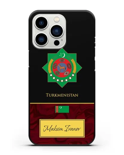 Чехол с гербом и флагом Республики Туркменистан с именем, фамилией на английском языке, красный мрамор силиконовый для iPhone 13 Pro