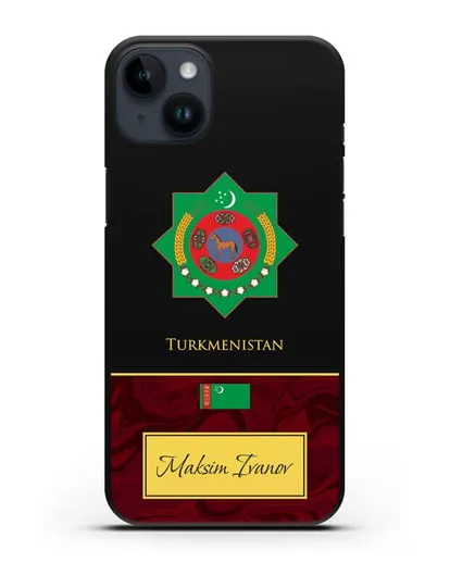 Чехол с гербом и флагом Республики Туркменистан с именем, фамилией на английском языке, красный мрамор силиконовый для iPhone 14 Plus