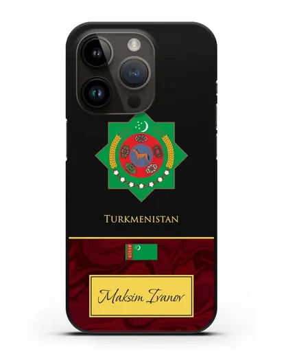 Чехол с гербом и флагом Республики Туркменистан с именем, фамилией на английском языке, красный мрамор силиконовый для iPhone 14 Pro