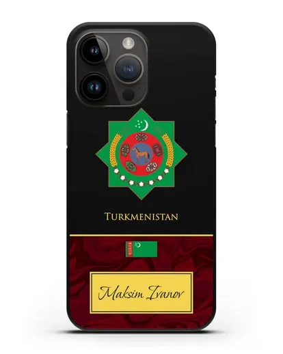 Чехол с гербом и флагом Республики Туркменистан с именем, фамилией на английском языке, красный мрамор силиконовый для iPhone 14 Pro Max