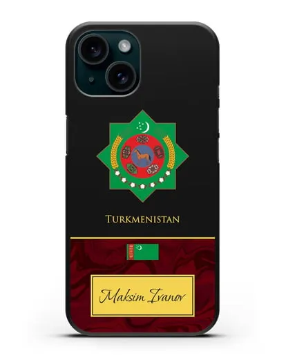 Чехол с гербом и флагом Республики Туркменистан с именем, фамилией на английском языке, красный мрамор силиконовый для iPhone 15