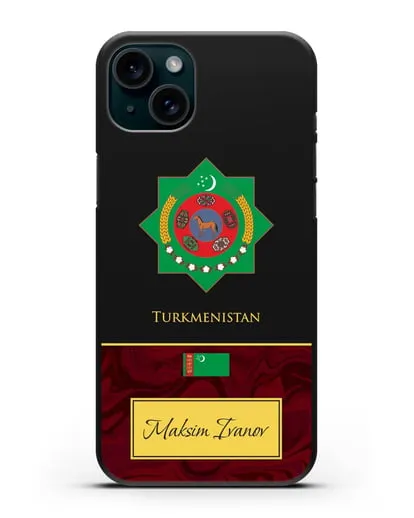 Чехол с гербом и флагом Республики Туркменистан с именем, фамилией на английском языке, красный мрамор силиконовый для iPhone 15 Plus