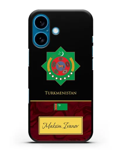Чехол с гербом и флагом Республики Туркменистан с именем, фамилией на английском языке, красный мрамор силиконовый для iPhone 16