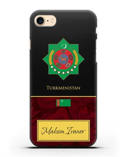 Чехол с гербом и флагом Республики Туркменистан с именем, фамилией на английском языке, красный мрамор силиконовый для iPhone 7