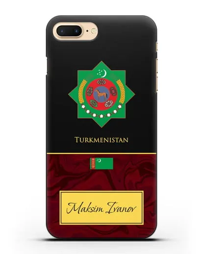 Чехол с гербом и флагом Республики Туркменистан с именем, фамилией на английском языке, красный мрамор силиконовый для iPhone 7 Plus
