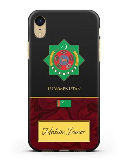 Чехол с гербом и флагом Республики Туркменистан с именем, фамилией на английском языке, красный мрамор силиконовый для iPhone XR