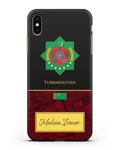 Чехол с гербом и флагом Республики Туркменистан с именем, фамилией на английском языке, красный мрамор силиконовый для iPhone XS Max