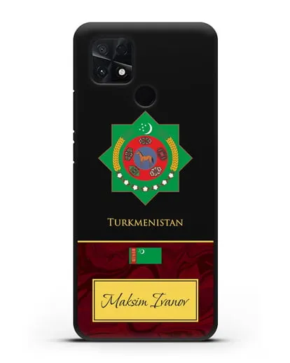 Чехол с гербом и флагом Республики Туркменистан с именем, фамилией на английском языке, красный мрамор силиконовый для Xiaomi Poco C40