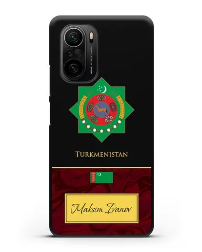 Чехол с гербом и флагом Республики Туркменистан с именем, фамилией на английском языке, красный мрамор силиконовый для Xiaomi Poco F3