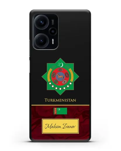 Чехол с гербом и флагом Республики Туркменистан с именем, фамилией на английском языке, красный мрамор силиконовый для Xiaomi Poco F5