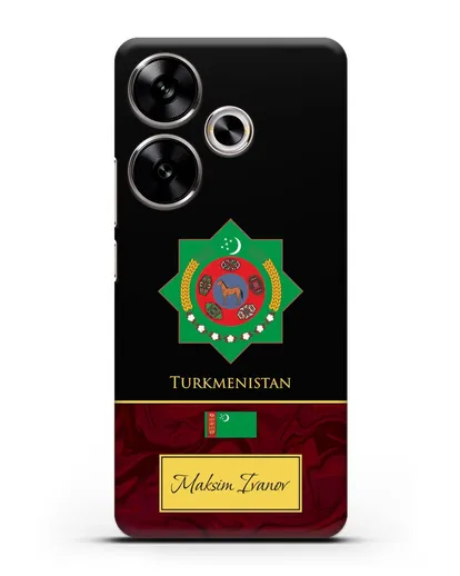 Чехол с гербом и флагом Республики Туркменистан с именем, фамилией на английском языке, красный мрамор силиконовый для Xiaomi Poco F6