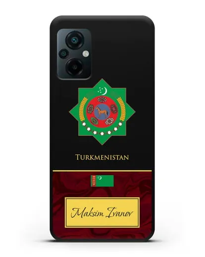 Чехол с гербом и флагом Республики Туркменистан с именем, фамилией на английском языке, красный мрамор силиконовый для Xiaomi Poco M5