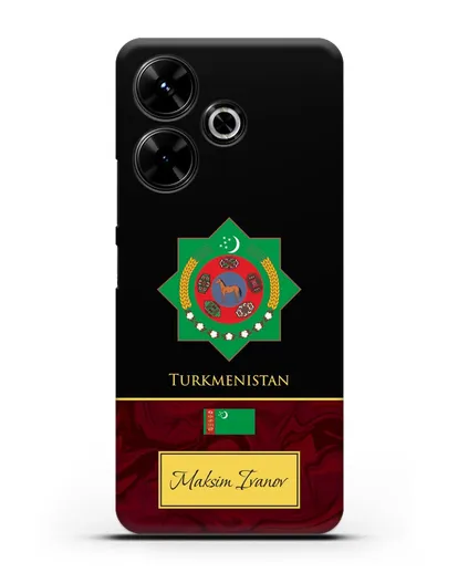 Чехол с гербом и флагом Республики Туркменистан с именем, фамилией на английском языке, красный мрамор силиконовый для Xiaomi Poco M6