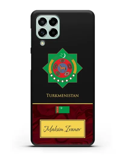 Чехол с гербом и флагом Республики Туркменистан с именем, фамилией на английском языке, красный мрамор силиконовый для Samsung Galaxy M53 [SM-M536]