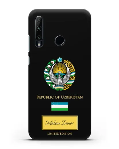 Чехол с гербом и флагом Республики Узбекистан с именем, фамилией на английском языке силиконовый для Honor 20e