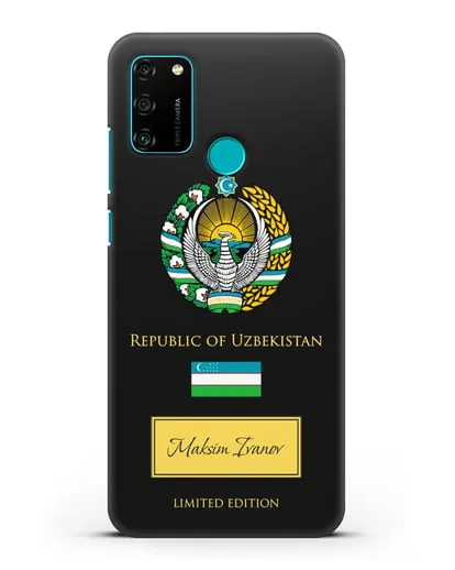 Чехол с гербом и флагом Республики Узбекистан с именем, фамилией на английском языке силиконовый для Honor 9A