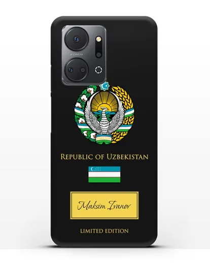 Чехол с гербом и флагом Республики Узбекистан с именем, фамилией на английском языке силиконовый для Honor X7a