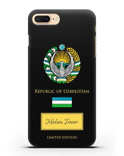 Чехол с гербом и флагом Республики Узбекистан с именем, фамилией на английском языке силиконовый для iPhone 8 Plus
