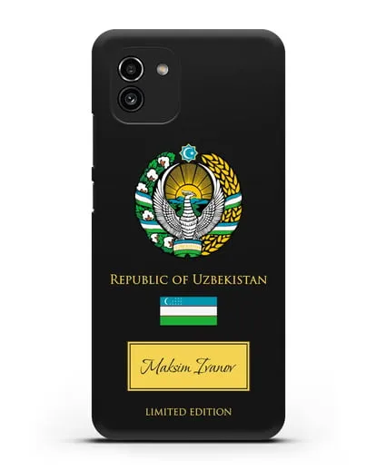Чехол с гербом и флагом Республики Узбекистан с именем, фамилией на английском языке силиконовый для Samsung Galaxy A03 [SM-A035]