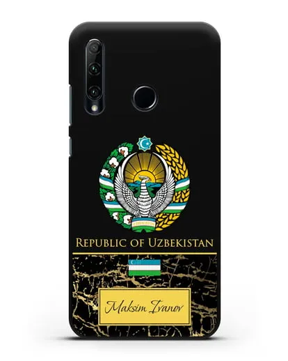 Чехол с гербом и флагом Республики Узбекистан с именем, фамилией на английском языке, черный мрамор силиконовый для Honor 20e