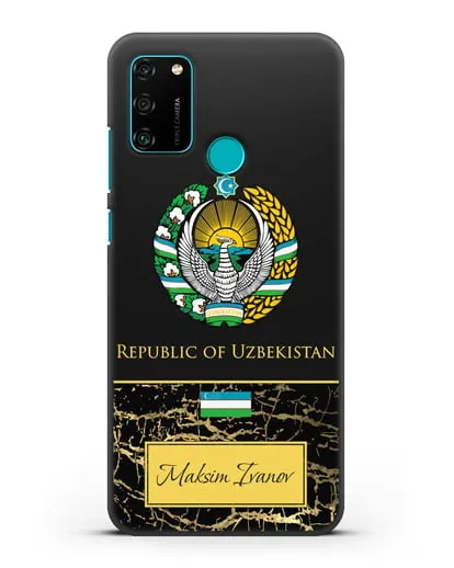 Чехол с гербом и флагом Республики Узбекистан с именем, фамилией на английском языке, черный мрамор силиконовый для Honor 9A