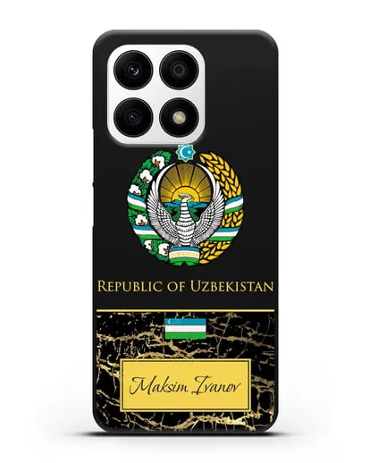 Чехол с гербом и флагом Республики Узбекистан с именем, фамилией на английском языке, черный мрамор силиконовый для Honor X8a