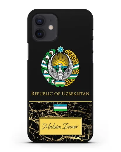 Чехол с гербом и флагом Республики Узбекистан с именем, фамилией на английском языке, черный мрамор силиконовый для iPhone 12