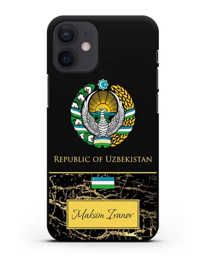 Чехол с гербом и флагом Республики Узбекистан с именем, фамилией на английском языке, черный мрамор силиконовый для iPhone 12 mini