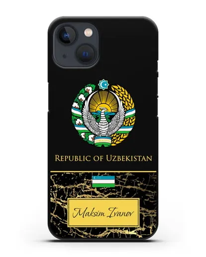 Чехол с гербом и флагом Республики Узбекистан с именем, фамилией на английском языке, черный мрамор силиконовый для iPhone 13