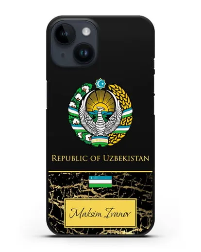 Чехол с гербом и флагом Республики Узбекистан с именем, фамилией на английском языке, черный мрамор силиконовый для iPhone 14