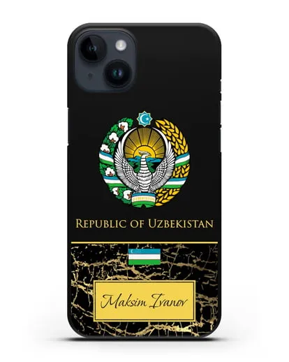 Чехол с гербом и флагом Республики Узбекистан с именем, фамилией на английском языке, черный мрамор силиконовый для iPhone 14 Plus