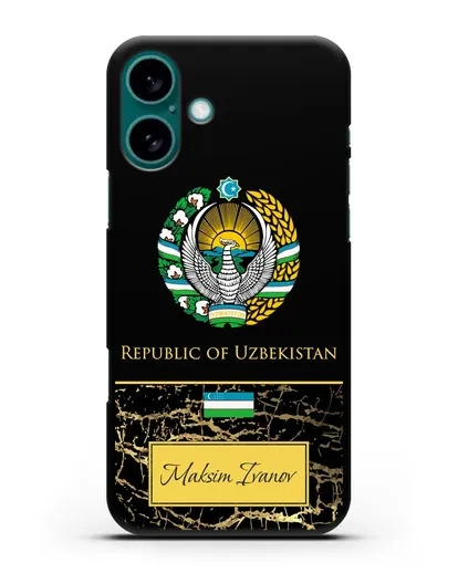 Чехол с гербом и флагом Республики Узбекистан с именем, фамилией на английском языке, черный мрамор силиконовый для iPhone 16 Plus